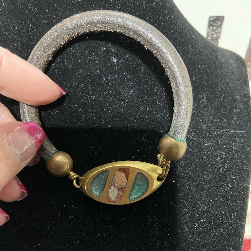 Dark Brown Leather Wrap Bracelet With Brass Tone Center Piece and Abalone